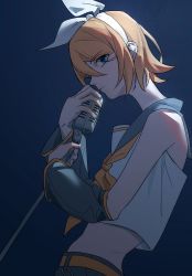 Rule 34 | 1girl, arm warmers, bare shoulders, belt, blonde hair, blue background, blue eyes, bow, collar, collared shirt, crop top, expressionless, from side, grey collar, hair bow, highres, holding, holding microphone, holding microphone stand, kagamine rin, looking at viewer, looking to the side, microphone, microphone stand, neckerchief, sailor collar, shirt, short hair, sidelighting, skinny, sleeveless, sleeveless shirt, solo, upper body, vocaloid, white bow, white shirt, wounds404, yellow neckerchief