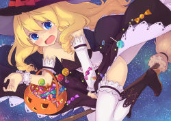 Rule 34 | 10s, 1girl, amagi brilliant park, black dress, blonde hair, blue eyes, blush, boots, breasts, broom, broom riding, candy, cleavage, corset, covering privates, covering crotch, crying, crying with eyes open, detached sleeves, dress, food, garter straps, halloween, halloween costume, hat, high heel boots, high heels, highres, latifa fleuranza, light particles, lollipop, long hair, looking at viewer, moonhackle, open mouth, sky, small breasts, solo, star (sky), starry sky, tears, thighhighs, wavy mouth, white thighhighs, witch hat, wrist cuffs