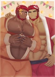 Rule 34 | 2boys, abs, absurdres, alternate costume, animal costume, antlers, bara, beard, bulge, chest harness, christmas, dark-skinned male, dark skin, eyebrow cut, facial hair, flaming eye, hand on another&#039;s shoulder, harness, hat, hephaestus (housamo), highres, horns, large pectorals, male focus, mature male, mini hat, mono (3436234), multiple boys, muscular, muscular male, navel, nipples, pectoral cleavage, pectorals, red eyes, reindeer antlers, reindeer costume, santa costume, santa hat, short hair, stomach, talos (housamo), thick eyebrows, thick thighs, thighs, tokyo houkago summoners, underbust, very dark skin