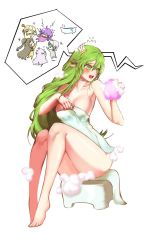 Rule 34 | 1girl, blonde hair, blush, breasts, censored, convenient censoring, elf, elsword, green eyes, green hair, large breasts, long hair, matching hair/eyes, rena, solo, steam, towel