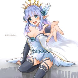 Rule 34 | 1girl, :d, alternate breast size, bare shoulders, blue eyes, blue hair, breasts, cleavage, detached sleeves, dragalia lost, dress, flower, hair flower, hair ornament, highres, large breasts, lily (granblue fantasy), looking at viewer, medium breasts, open mouth, outstretched hand, po pooch, pointy ears, short dress, sitting, smile, solo, strapless, strapless dress, thighhighs, tiara, twitter username, white background, white dress
