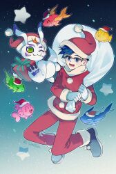 Rule 34 | christmas, claws, digimon, digimon (creature), fish, gomamon, green eyes, highres, kido jo, one eye closed, star (symbol), wink