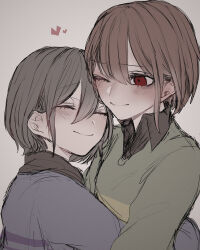 Rule 34 | 2others, absurdres, black shirt, blue sweater, blush, brown hair, chara (undertale), closed eyes, closed mouth, collared shirt, frisk (undertale), green sweater, grey background, grey hair, hair between eyes, heart, highres, hug, long sleeves, looking at another, mo 11220088, multiple others, one eye closed, red eyes, shirt, short hair, simple background, single stripe, smile, standing, striped clothes, striped sweater, sweater, undertale