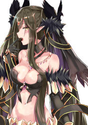 Rule 34 | 1girl, bare shoulders, black gloves, blush, breasts, brown hair, cleavage, closed eyes, collarbone, commentary request, detached collar, eating, elbow gloves, fate/apocrypha, fate (series), food in mouth, fur trim, gloves, groin, hair between eyes, hair ornament, highres, konka, large breasts, long hair, looking at viewer, looking to the side, lowleg, navel, open mouth, pointy ears, profile, semiramis (fate), simple background, solo, spikes, veil, very long hair, white background, yellow eyes
