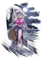 Rule 34 | 1girl, alternate breast size, alternate hairstyle, animal ear fluff, animal ears, arm up, bare arms, bare legs, bare shoulders, beach, black hair, blonde hair, braid, breasts, can, closed mouth, extra ears, floating hair, fox ears, fox girl, fox tail, full body, full moon, grey hair, hair ribbon, hand rest, hat, highres, holding, holding can, huge breasts, island fox (kemono friends), kemono friends, kemono friends v project, long hair, looking at viewer, low-tied long hair, midriff, moon, multicolored hair, nail polish, navel, night, night sky, ocean, outdoors, outstretched arm, ribbon, sand, sarong, shoes, side braid, sidelocks, skindentation, sky, smile, solo, standing, star (sky), starry sky, stomach, straw hat, tail, toenail polish, toenails, toes, twin braids, very long hair, virtual youtuber, water, yellow eyes, yoshida hideyuki