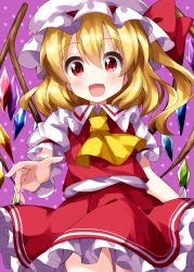 Rule 34 | 1girl, ascot, blonde hair, blush, collared shirt, cowboy shot, crystal, flandre scarlet, frilled skirt, frilled sleeves, frills, hair between eyes, hat, highres, long hair, looking at another, mob cap, one side up, open mouth, polka dot, polka dot background, puffy short sleeves, puffy sleeves, purple background, red eyes, red skirt, red vest, ruu (tksymkw), shirt, short sleeves, skirt, smile, solo, touhou, vest, white hat, white shirt, wings, yellow ascot