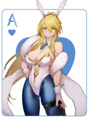 Rule 34 | 1girl, absurdres, ace (playing card), ace of hearts, animal ears, artoria pendragon (all), artoria pendragon (fate), artoria pendragon (swimsuit ruler) (fate), bare shoulders, blonde hair, blue pantyhose, blush, braid, breasts, clothing cutout, detached collar, fate/grand order, fate (series), feather boa, fishnet pantyhose, fishnets, french braid, green eyes, heart, highleg, highleg leotard, highres, large breasts, legwear garter, leotard, long hair, looking at viewer, navel cutout, necktie, pantyhose, playboy bunny, playing card, rabbit ears, short necktie, simple background, solo, thigh strap, ura illust, white leotard, wrist cuffs