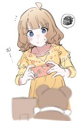 Rule 34 | 1girl, :/, absurdres, ahoge, blue eyes, blurry, blurry foreground, blush, brown hair, commentary, dress, flat chest, floral print, flower, hair flower, hair ornament, highres, holding, holding phone, idolmaster, idolmaster million live!, long sleeves, looking at another, medium hair, meeeeeeco359, notice lines, phone, portrait, print dress, sidelocks, solo, squiggle, stuffed animal, stuffed toy, suou momoko, sweat, teddy bear, v-shaped eyebrows, wavy hair, white background, yellow dress