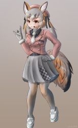 Rule 34 | animal ear fluff, animal ears, blazer, dhm25 rolls, gloves, hat, highres, island fox (kemono friends), jacket, kemono friends, kemono friends v project, long hair, necktie, open mouth, school uniform, shirt, shoes, silver hair, simple background, skirt, smile, solo, tail, twintails, virtual youtuber