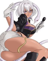 Rule 34 | ass, boots, breasts, cleavage, dark-skinned female, dark skin, fangs, fangs out, gloves, jacket, leather, leather jacket, microphone, purple eyes, red eyes, short shorts, shorts, silver hair, snake, tongue, tongue out, virtual youtuber, yatono levi, yellow eyes