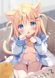 Rule 34 | 1girl, animal ear fluff, animal ears, bare shoulders, blonde hair, blue eyes, blue sailor collar, blurry, blurry background, blush, bow, bow panties, box, breasts, cardboard box, cat ears, cat girl, cat tail, collar, commentary request, depth of field, dress, for adoption, hair between eyes, hair ornament, hairclip, hands up, heart, in box, in container, long hair, long sleeves, nail polish, navel, open door, original, pan (mimi), panties, paw pose, pink nails, puffy long sleeves, puffy sleeves, red collar, sailor collar, sailor dress, sleeves past wrists, small breasts, solo, tail, tears, two side up, underwear, very long hair, white dress, white panties