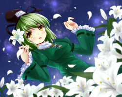 Rule 34 | 1girl, arms up, blush, blush stickers, breasts, dress, dutch angle, dzc23, female focus, fingernails, flower, green dress, green hair, hat, index finger raised, leaf, lily (flower), long sleeves, looking at viewer, open mouth, petals, pinky out, short hair, sky, soga no tojiko, solo, star (sky), starry sky, tate eboshi, touhou, wide sleeves, yellow eyes
