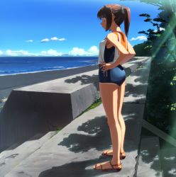 Rule 34 | 1girl, beach, blue sky, brown hair, concrete, day, from side, full body, hands on own hips, horizon, i-401 (kancolle), kantai collection, legs, looking away, ocean, one-piece swimsuit, outdoors, ponytail, profile, sailor collar, sandals, school swimsuit, shadow, short hair, short ponytail, sky, smile, solo, stairs, standing, sunlight, swimsuit, swimsuit under clothes, takuzui, tree shade