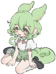 Rule 34 | 1girl, black footwear, blouse, bow, bowtie, fang, flat chest, frilled shorts, frills, green hair, green shorts, green suspenders, hair between eyes, highres, inkopico, kneeling, long hair, looking at viewer, low ponytail, open mouth, ponytail, puffy short sleeves, puffy sleeves, red bow, red bowtie, shirt, short eyebrows, short sleeves, shorts, simple background, skin fang, smile, socks, solo, suspender shorts, suspenders, very long hair, voicevox, yellow eyes, zundamon