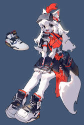 Rule 34 | 1girl, absurdres, animal ear fluff, animal ears, armor, blue background, fangs, female focus, furry, furry female, gauntlets, gloves, hands on lap, headgear, highres, long hair, looking at viewer, nike (company), original, plume, sheath, sheathed, shiiorina, shoes, shoulder armor, simple background, sitting, sneakers, solo, tail, white fur, white hair, wolf ears, wolf girl, wolf tail