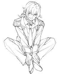 Rule 34 | 1boy, archived source, bad id, bad twitter id, closed mouth, collared shirt, commentary request, epaulettes, full body, greyscale, hands on own feet, highres, jacket, king of prism by prettyrhythm, knees apart feet together, long sleeves, looking at viewer, low ponytail, male focus, mihama kouji, monochrome, necktie, pants, pretty rhythm, pretty series, shirt, short hair, simple background, sitting, smile, solo, white background, zashima