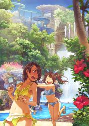 Rule 34 | 2girls, :d, ^ ^, bikini, brown eyes, brown hair, closed eyes, day, flower, frilled bikini, frills, guchico, hair ornament, hairclip, hands on shoulders, hibiscus, highres, long hair, molze, multiple girls, muted color, open mouth, original, pool, pushing, sandals, scenery, short hair, slide, smile, striped bikini, striped clothes, swimsuit, tankini, teeth, twintails, upper teeth only, yellow bikini