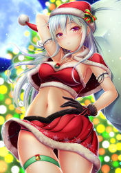 Rule 34 | 1girl, arm strap, arm up, bag, black gloves, black panties, blurry, blurry background, breasts, capelet, christmas tree, cleavage, cowboy shot, crop top, floating hair, fur-trimmed capelet, fur-trimmed headwear, fur-trimmed skirt, fur trim, gift bag, gloves, hair between eyes, hand on own hip, hat, highres, hiro (725611), holding, holding bag, jewelry, long hair, looking at viewer, medium breasts, midriff, miniskirt, mole, mole under eye, moon, navel, necklace, original, panties, parted lips, pink eyes, print skirt, red capelet, red hat, red skirt, santa costume, santa hat, side-tie panties, silver hair, skirt, solo, standing, stomach, thigh strap, underwear, very long hair