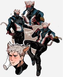 Rule 34 | 1boy, animal ears, blush, cat boy, cat ears, facial mark, jacket, kendy (revolocities), male focus, mask, mouth mask, overwatch, overwatch 1, scar, short hair, soldier: 76 (overwatch), tail, visor, white hair