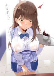 Rule 34 | 1girl, apron, breasts, brown hair, coffee, covered erect nipples, lactation, lactation through clothes, large breasts, long hair, noripachi, original, pocket, shirt, solo, tray, waitress, wet, wet clothes, wet shirt