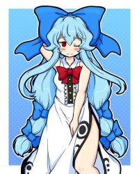 Rule 34 | 1girl, ;), adapted costume, alternate hairstyle, arm behind head, bare arms, bare shoulders, blue hair, blush, bow, bowtie, clothing cutout, cowboy shot, dress, eruru (erl), hair bow, highres, hinanawi tenshi, large bow, long hair, looking at viewer, low-tied long hair, no headwear, one eye closed, red eyes, side cutout, side slit, sketch, sleeveless, smile, solo, touhou, very long hair