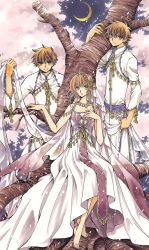 Rule 34 | 1girl, 2boys, absurdres, barefoot, brown eyes, brown hair, cherry blossoms, clamp, dress, dual persona, highres, looking at viewer, moon, multiple boys, outdoors, sakura hime, see-through, short hair, tree, tsubasa chronicle, xiaolang