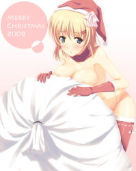 Rule 34 | 00s, 1girl, 2009, blonde hair, blue eyes, blush, breasts, christmas, gloves, hair ornament, hairclip, hat, large breasts, naked scarf, nude, original, red gloves, sack, santa costume, santa hat, scarf, short hair, siva (executor), solo, thighhighs