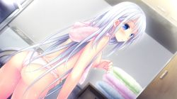 Rule 34 | 1girl, ass, blue eyes, blush, breasts, cowboy shot, dutch angle, game cg, hair between eyes, lilium (lilium wedding plan), lilium wedding plan, long hair, nipples, official art, panties, parted lips, sesena yau, silver hair, small breasts, solo, standing, topless, towel, towel around neck, underwear, very long hair, white panties