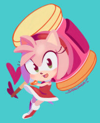 Rule 34 | 1girl, amy rose, animal ears, animal nose, artist name, bare shoulders, blue background, blush, boots, bracelet, chibi, dress, eyelashes, full body, furry, furry female, gloves, gold bracelet, green eyes, hairband, hammer, hands up, heart, hedgehog ears, hedgehog girl, hedgehog tail, holding, holding hammer, holding weapon, jewelry, looking at viewer, open mouth, toy hammer, pink fur, red dress, red footwear, red hairband, simple background, sleeveless, sleeveless dress, smallpanda, smile, solo, sonic (series), standing, tail, tongue, weapon, white gloves