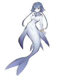 Rule 34 | 1girl, black sclera, blue hair, breasts, closed mouth, colored sclera, completely nude, floating, full body, gem, gills, highres, long hair, mermaid, mershark (monster girl encyclopedia), monster girl, monster girl encyclopedia, nude, pale skin, shark girl, simple background, sketch, solo, sookmo, white background, yellow eyes