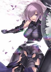 Rule 34 | 1girl, armor, armored dress, bare shoulders, breasts, commentary request, elbow gloves, falling petals, fate/grand order, fate (series), faulds, fighting stance, gloves, hair over one eye, highres, holding, holding shield, karlwolf, large breasts, light purple hair, mash kyrielight, one eye covered, open mouth, petals, purple eyes, purple gloves, purple hair, shield, short hair, solo, standing, thighs