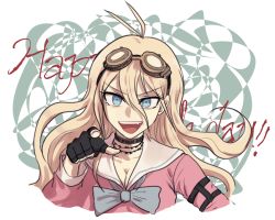 Rule 34 | 1girl, antenna hair, blonde hair, blue eyes, bow, breasts, choker, cleavage, collarbone, commentary request, cropped shoulders, danganronpa (series), danganronpa v3: killing harmony, dangyu (danganpa), fang, fingerless gloves, gloves, goggles, goggles on head, hair between eyes, happy birthday, iruma miu, long hair, long sleeves, looking at viewer, open mouth, pink shirt, pointing, pointing at viewer, sailor collar, school uniform, serafuku, shirt, smile, solo, transparent background, upper body