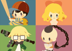Rule 34 | 1girl, 3boys, backpack, bag, baseball bat, baseball cap, black bow, black bowtie, black hair, blonde hair, blush stickers, bow, bowtie, braid, brown bag, crossed arms, dougi, dress, freckles, glasses, green jacket, gun, hair bow, hands on own hips, hat, hitofutarai, holding, holding baseball bat, jacket, jeff andonuts, long sleeves, looking to the side, mother (game), mother 2, multiple boys, ness (mother 2), nintendo, over shoulder, own hands together, paula (mother 2), pink dress, poo (mother 2), red bow, red headwear, rocket launcher, shirt, short hair, smile, solid oval eyes, striped clothes, striped shirt, weapon