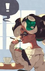 Rule 34 | !, 1girl, alternate hairstyle, bespectacled, black-framed eyewear, black hair, casual, cephalopod eyes, clipboard, colored skin, commentary, cup, dark-skinned female, dark skin, elbow rest, from side, glasses, gradient hair, green eyes, green hair, hair up, highres, holding, holding clipboard, holding pen, kin niku, leaning forward, lips, long hair, long sleeves, looking at viewer, marina (splatoon), mole, mole under mouth, multicolored hair, multicolored skin, nintendo, octoling, off-shoulder sweater, off shoulder, open mouth, pen, pen to mouth, pink pupils, ribbed sweater, saucer, sitting, smile, solo, splatoon (series), splatoon 2, spoken exclamation mark, suction cups, sweater, table, teacup, tentacle hair, white sweater