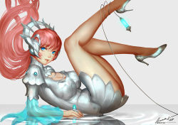 Rule 34 | 1girl, ariverkao, ass, blue eyes, breasts, cable, cleavage, colored skin, dress, female focus, floating hair, glowing, grey background, headgear, headphones, high heels, jewelry, lamp, large breasts, layered sleeves, legs up, lips, long hair, long sleeves, looking at viewer, lying, lying on water, no socks, on back, original, parted lips, pink hair, pleated skirt, puffy sleeves, reflection, ring, ripples, see-through, short over long sleeves, short sleeves, signature, skirt, skirt set, smile, solo, white dress, white skin, white skirt