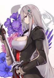 Rule 34 | 1girl, armor, azur lane, breasts, choker, cleavage, dunkerque (azur lane), flower, gauntlets, grey hair, hair ornament, highres, holding, holding sword, holding weapon, large breasts, long hair, marshall k, pink eyes, saber (weapon), sidelocks, solo, sword, weapon