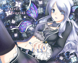 Rule 34 | 1girl, black thighhighs, blue eyes, blue hair, breasts, bug, butterfly, butterfly wings, cleavage, eyeshadow, fingernails, hair ornament, insect, insect wings, kof: maximum impact, lipstick, long fingernails, long hair, luise meyrink, makeup, matching hair/eyes, midriff, mole, nail polish, navel, puracotte, snk, solo, the king of fighters, thighhighs, wings