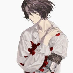Rule 34 | 1boy, bishounen, brown hair, closed eyes, highres, lies of p, male focus, mik blamike, petals, pinocchio (lies of p), rose petals, shirt, simple background, solo, upper body, white background, white shirt