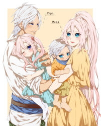 Rule 34 | alphen (tales), alternate costume, blue eyes, child, couple, dark-skinned male, dark skin, dress, family, father and daughter, hair between eyes, happy, high ponytail, highres, holding, husband and wife, long hair, married, mother and son, muturax0, official alternate costume, pink hair, ponytail, shionne (tales), sidelocks, smile, tales of (series), tales of arise, twintails, very long hair, white hair