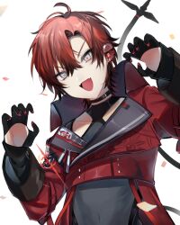 Rule 34 | 1boy, ahoge, bishounen, black choker, black gloves, black hair, choker, claw pose, collarbone, covered navel, cropped jacket, earpiece, falling petals, fang, gloves, hair between eyes, hands up, highres, holostars, holostars english, jacket, long sleeves, looking at viewer, machina x flayon, machina x flayon (1st costume), male focus, mechanical tail, multicolored hair, open mouth, orange eyes, petals, red hair, red jacket, shiny clothes, short hair, simple background, skin fang, smile, solo, tail, tongsyu, upper body, virtual youtuber, white background