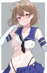 Rule 34 | 1girl, absurdres, black panties, blue skirt, breasts, breath, brown eyes, brown hair, calin, cosplay, crop top, elbow gloves, gloves, highleg, highleg panties, highres, kantai collection, looking at viewer, medium breasts, microskirt, neckerchief, oboro (kancolle), panties, sailor collar, shimakaze (kancolle), shimakaze (kancolle) (cosplay), short hair, skirt, smile, solo, striped clothes, striped thighhighs, thighhighs, underwear, white background, white gloves
