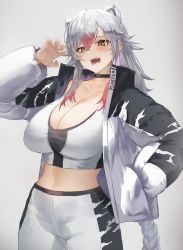Rule 34 | 1girl, animal ear fluff, animal ears, animal print, black choker, black jacket, blush, braid, chinese zodiac, choker, claw pose, clothes writing, collarbone, cropped, fangs, fingernails, grey hair, hair between eyes, hand in pocket, highres, jacket, long hair, multicolored hair, nail polish, navel, open clothes, open jacket, open mouth, original, plaster (2501), red hair, signature, solo, tiger ears, tiger girl, tiger print, very long hair, white jacket, year of the tiger, yellow eyes