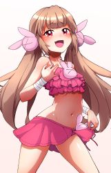 Rule 34 | 1girl, :d, alternate costume, bikini, blush, brown hair, commentary request, fang, frilled bikini, frills, hair ornament, hayashi keita, highres, long hair, looking at viewer, natori sana, navel, open mouth, pink background, pink bikini, rabbit hair ornament, red eyes, sana channel, smile, solo, standing, swimsuit, twintails, virtual youtuber, white background