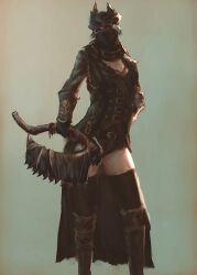 Rule 34 | 1girl, belt, black coat, black footwear, black leotard, black thighhighs, bloodborne, boots, coat, commentary request, graffitigw, grey hair, hat, highres, holding, holding weapon, hunter (bloodborne), leotard, looking at viewer, mask, mouth mask, open clothes, open coat, saw, saw cleaver, solo, standing, thigh boots, thighhighs, thighs, tricorne, weapon
