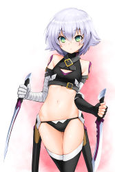 Rule 34 | 1girl, bandaged arm, bandages, belt, black gloves, black thighhighs, dagger, dual wielding, facial scar, fate/apocrypha, fate (series), fingerless gloves, gloves, green eyes, highres, holding, jack the ripper (fate/apocrypha), kazuma muramasa, knife, midriff, navel, scar, scar on cheek, scar on face, short hair, short sleeves, silver hair, solo, tattoo, thighhighs, weapon