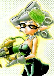 1girl :/ bare_shoulders black_dress bow-shaped_hair breasts brown_pupils closed_mouth collar commentary_request cross-shaped_pupils detached_collar dress earrings gloves grey_hair holding holding_weapon inkling jewelry kuroi_susumu long_pointy_ears marie_(splatoon) mole mole_under_eye nintendo pointy_ears short_hair solo splash-o-matic_(splatoon) splatoon_(series) splatoon_1 strapless strapless_dress suction_cups swept_bangs symbol-shaped_pupils tentacle_hair thick_eyebrows v-shaped_eyebrows weapon white_collar white_gloves yellow_eyes