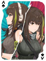 Rule 34 | 1girl, absurdres, breasts, brown eyes, brown hair, card, closed mouth, girls&#039; frontline, green shirt, headset, highres, long hair, looking to the side, m4a1 (girls&#039; frontline), m4a1 (mod3) (girls&#039; frontline), mask, medium breasts, multicolored hair, off shoulder, shirt, simobulanka, skull mask, tank top, upper body