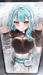 Rule 34 | 1girl, :3, :q, absurdres, against glass, animal ear headphones, animal ears, belt, black arm warmers, black belt, black ribbon, black shirt, blue belt, blue hair, blue nails, blunt bangs, blush, breast press, breasts, breasts on glass, bu leike, cleavage, cleavage cutout, clothing cutout, detached sleeves, facial mark, fake animal ears, frilled skirt, frills, from outside, hair ornament, hairclip, hand on glass, headphones, heart, heart facial mark, heart hair ornament, highres, large breasts, long hair, looking at viewer, midriff, miniskirt, multicolored hair, orange eyes, pixel heart, pleated skirt, ribbon, shiranami ramune, shiranami ramune (3rd costume), shirt, skirt, sleeves past wrists, solo, streaked hair, thigh strap, tongue, tongue out, train interior, virtual youtuber, vspo!, white hair, white skirt