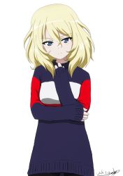 Rule 34 | 1girl, arm grab, artist name, blonde hair, blue eyes, bukkuri, casual, closed mouth, commentary request, dated, flag print, french flag, girls und panzer, long sleeves, looking at viewer, medium hair, messy hair, oshida (girls und panzer), print sweater, signature, simple background, smile, solo, standing, sweater, upper body, white background
