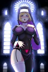 Rule 34 | 1girl, absurdres, aki rosenthal, black dress, black panties, blonde hair, blush, breasts, catholic, church, covered navel, cross, cross earrings, cross necklace, dress, earrings, garter belt, glowing, habit, hand on own chest, hand on own stomach, heart, heart-shaped pupils, highres, hololive, indoors, jewelry, lace, lace-trimmed garter belt, lace-trimmed panties, lace trim, large breasts, long sleeves, looking at viewer, necklace, nose blush, nun, open mouth, oral invitation, panties, pubic tattoo, purple eyes, rudeus (steban sharnak), saliva, short hair, side slit, skindentation, smile, solo, symbol-shaped pupils, tattoo, thighhighs, tongue, tongue out, underwear, virtual youtuber, white thighhighs, window